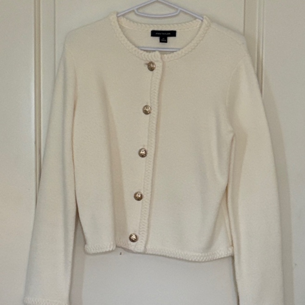 Ann Taylor Cream Button-Up Cardigan Sweater